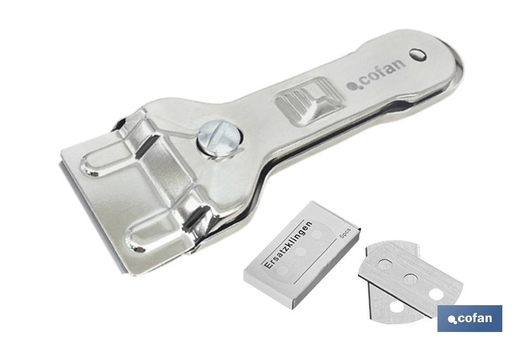 Rasqueta de Vitrocerámica Modelo Sena | Incluye 5 cuchillas | Acero Inox. y Níquel | Medidas: 13,5 x 4,5 cm